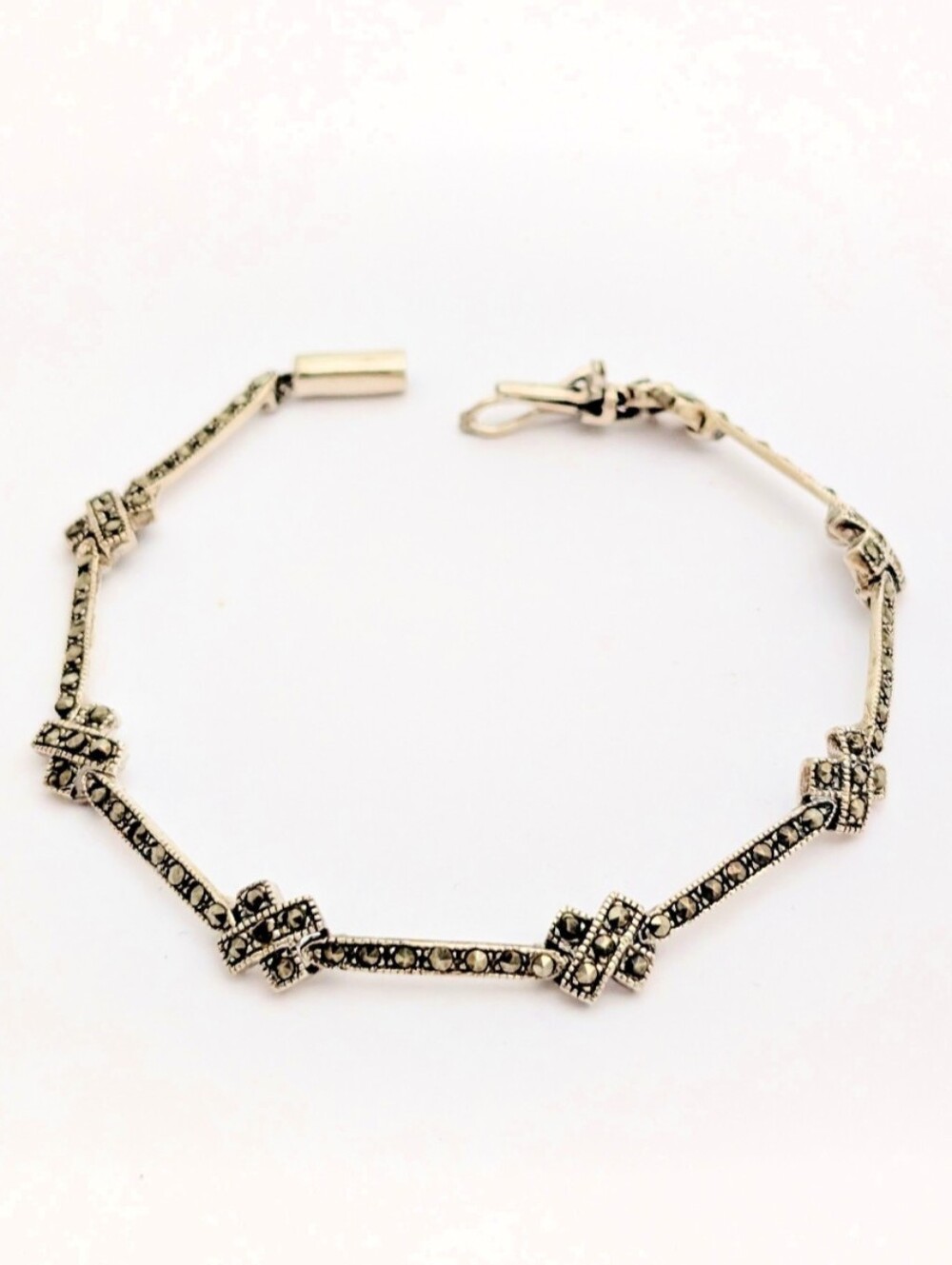 Vintage Sterling Silver Marcasite Gemstone X Link Tennis Bracelet
